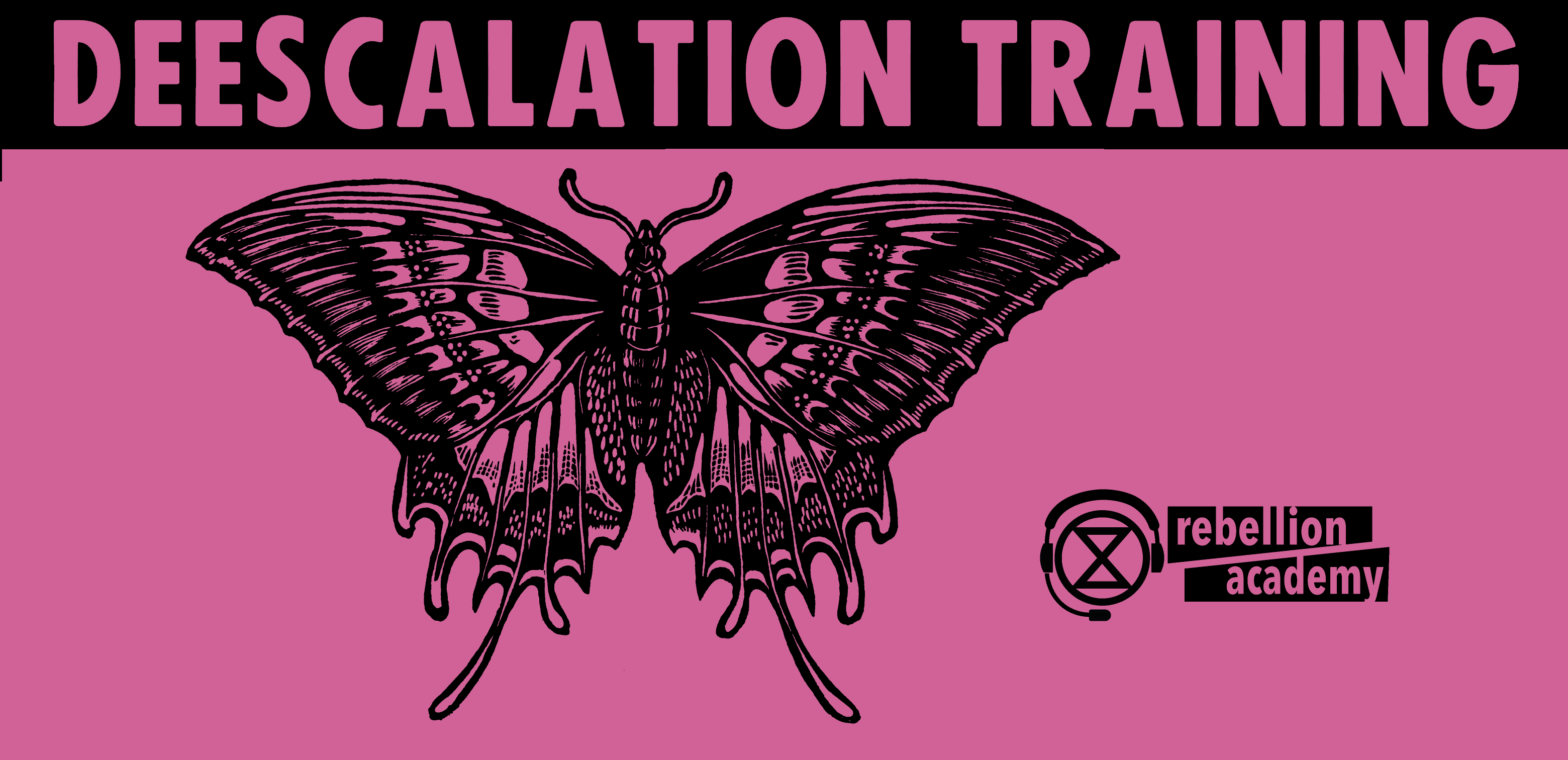 The banner says "deescalation training" and has an image of a butterfly